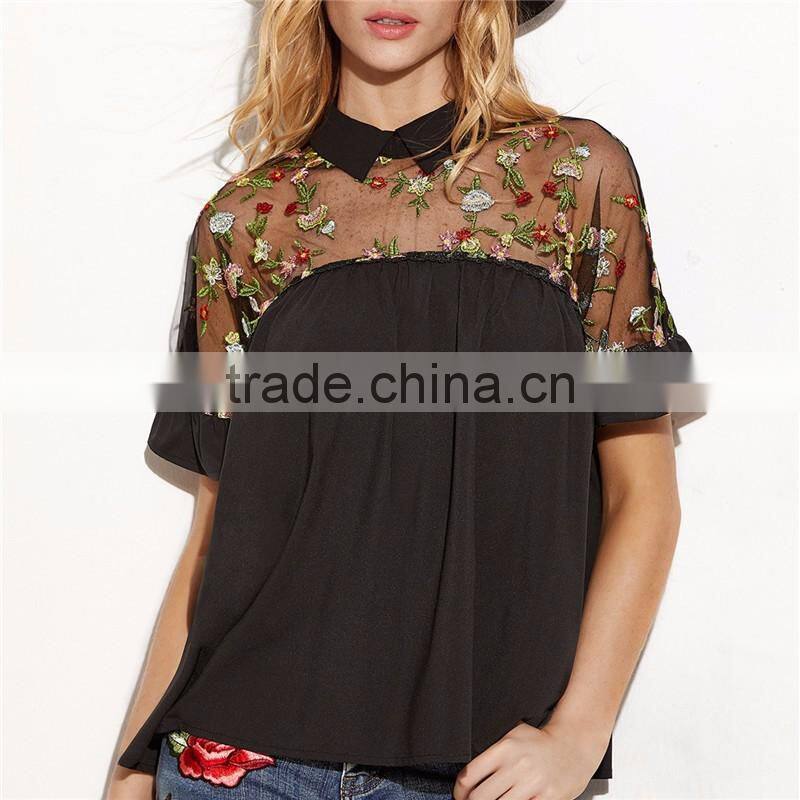 Hot sell embroidered ruffle cuff sheer tie back blouse neck designs cutting