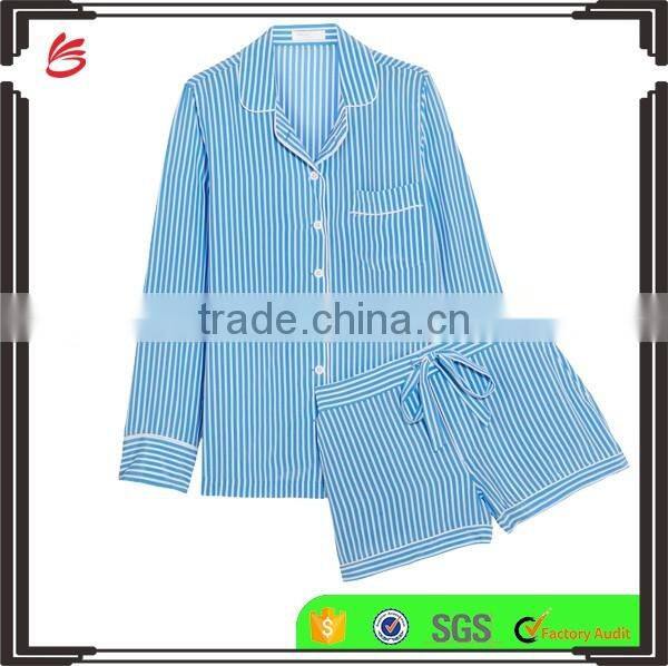 Navy blue custom stripe women high quality 100% silk sleep wear