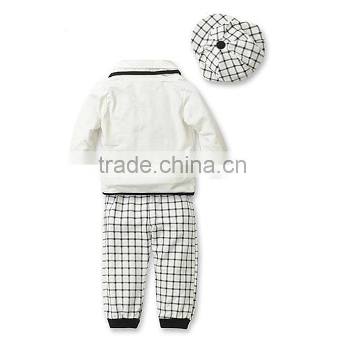 2016 Hot Sale Boy Clothing Prince Handsome Boy Suits White Coats Grey Cap And Strip Pants Children Wear Kids Clothes