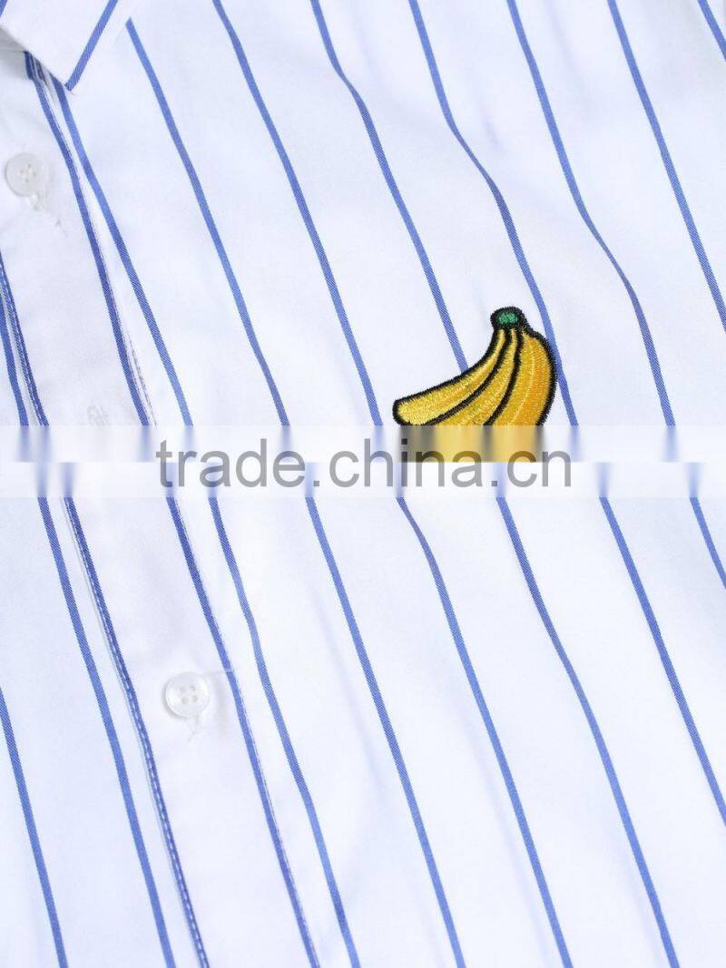 Women's 100% cotton blue and white stripe button-up long blouse/shirt dress in guangzhou