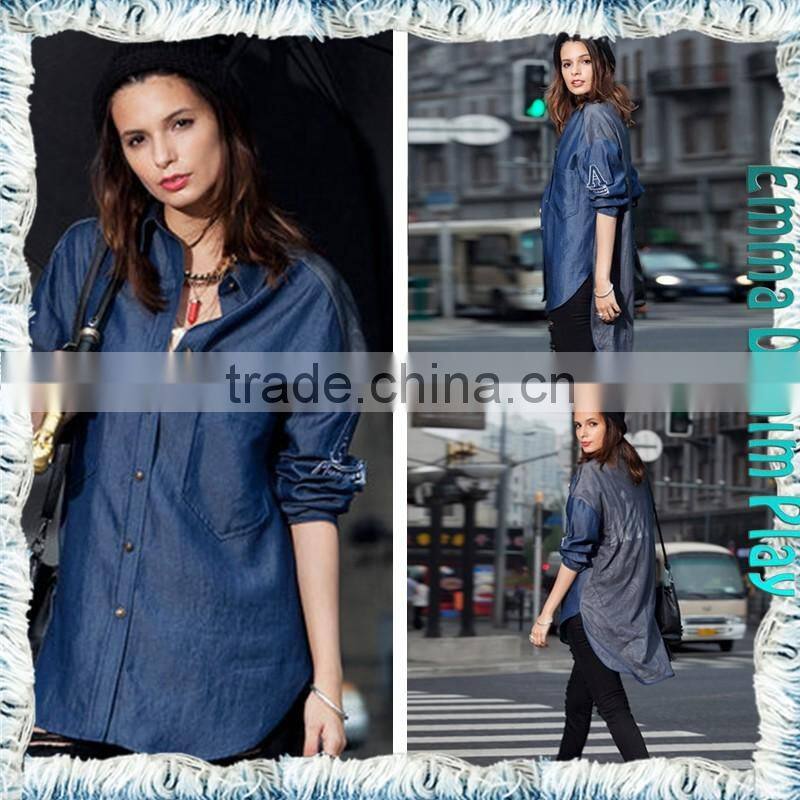 Long Sleeve Patches Longline Jean Shirts for Ladies