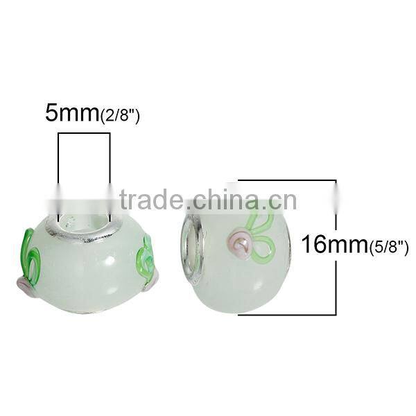 Round Silver Plated Core Light Green Flower Pattern Enamel European Style Large Hole 10mm Lampwork Glass Beads