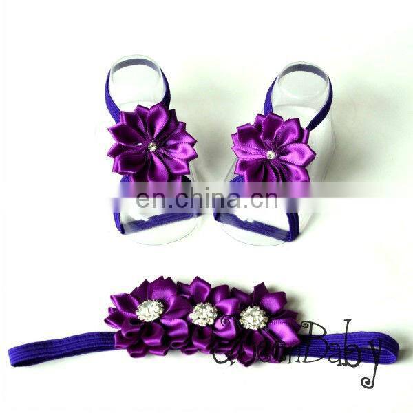 Baby Barefoot Sandals Satin Flower with thin Elastic Matching Headband