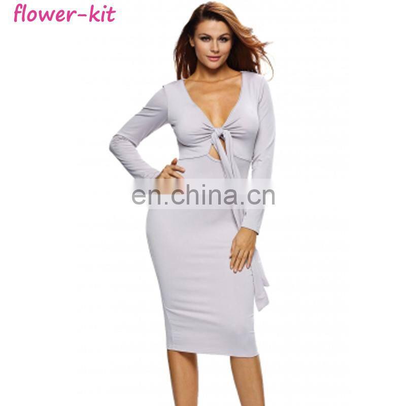 Grey Multi way Deep V Neck Knot Tie Long Sleeve Midi Dress