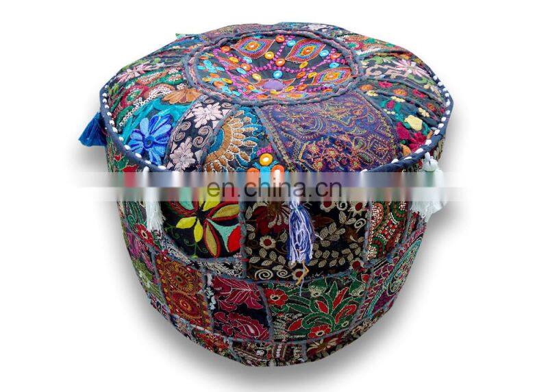 Round Patchwork Embroidered Multi Ottoman Pouf Bohemian Indian Decorative Pouf Cover