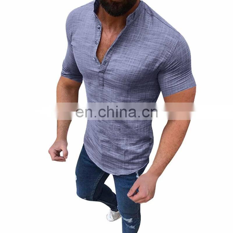 New Summer Men Fashion Cotton Linen Button-down Shirt Short Sleeve Mandarin Collar Solid Color Casual Tops