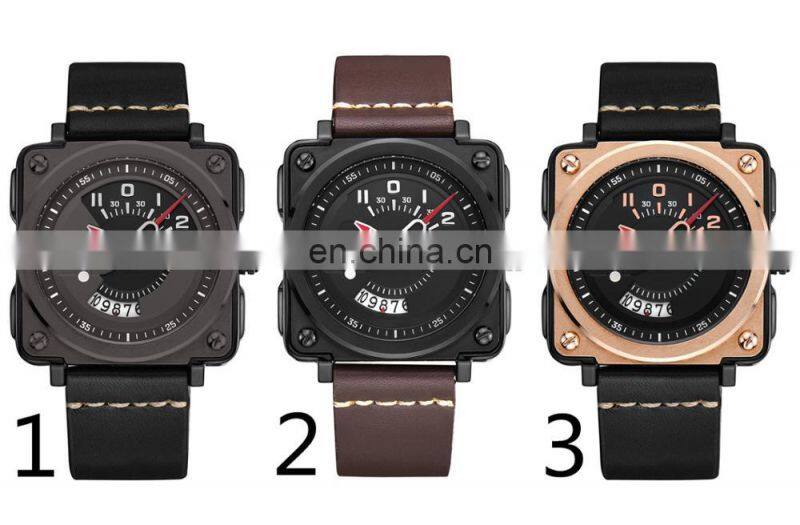 Megir 2040 Men's Square Leather Strap Quartz Watches with Calendar Date Waterproof Wristwatch Clock