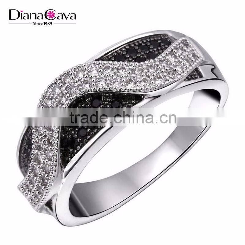 Trending Style Curve Wavy Pattern Jet & Clear Zirconia Stones Party Jewelry Ring