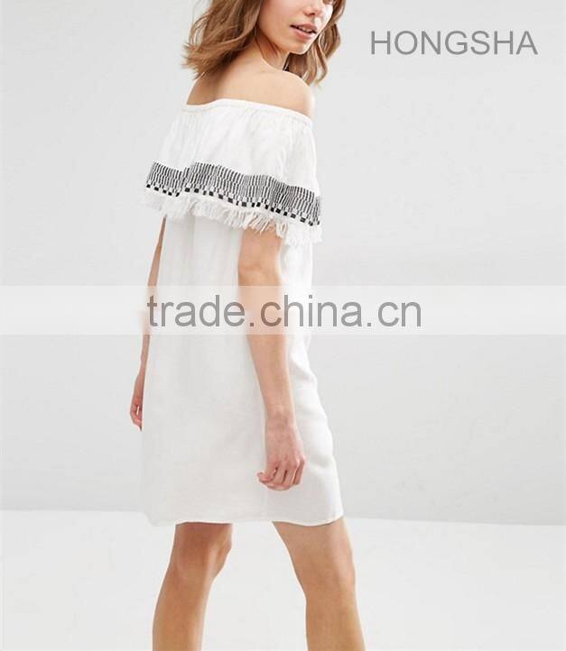 Latest Designs Off The Shoulder Machine Embroidery Tassle Dress HSD2367