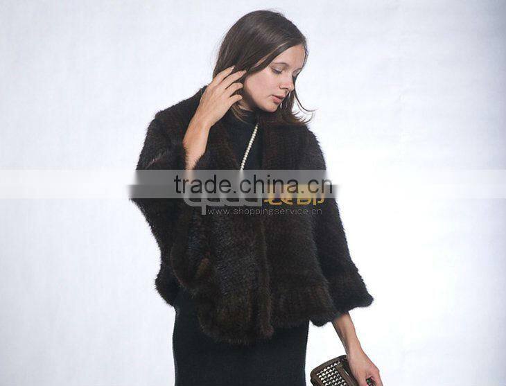 QD10041 High Fashion Coffee Brown Knitting Real Mink Fur Shawl 2014 New Woman Clothes