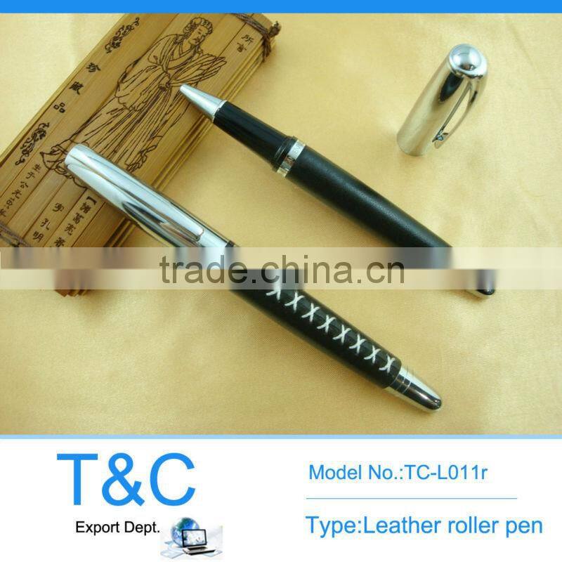 TC-L014b spray silver metal ball pen with no stitching leather