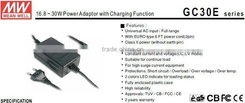 Meanwell dc switch power supply/16.8 ~ 30W Power Adaptor with Charging Function