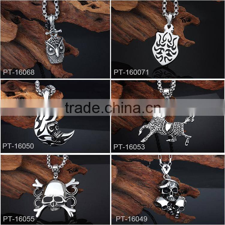 new design fashion men pendant necklace with long chain 316L stainless steel crystal pendant necklace