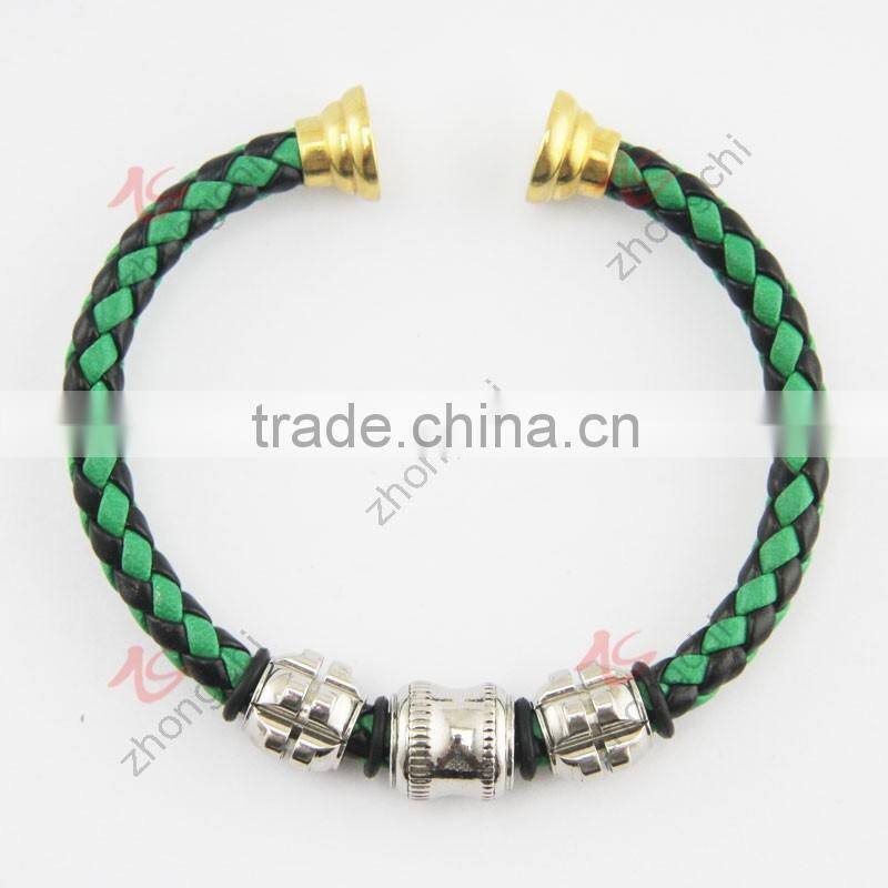 stainless steel magnet clasp with green leather braided cuff bangle