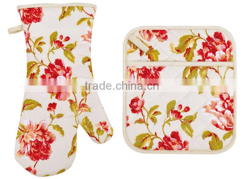 2015 HIGH QUALITY NEW DESIGN PRINTING FLOWERS AND PLANTS COTTON (OVEN MITT& POT HOLDER) KITCHEN SET MK-1502&1506