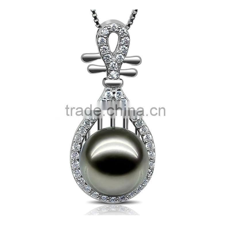 Beautiful Chinese Lute shape Tahiti AAAA Top Qualtity Round Black 10-11mm 925 silver Sea Pearl Pendant