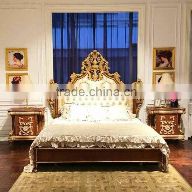 European French Style Fine Carved Upholstered Golden Trim Bisini New Product Bedroom Set