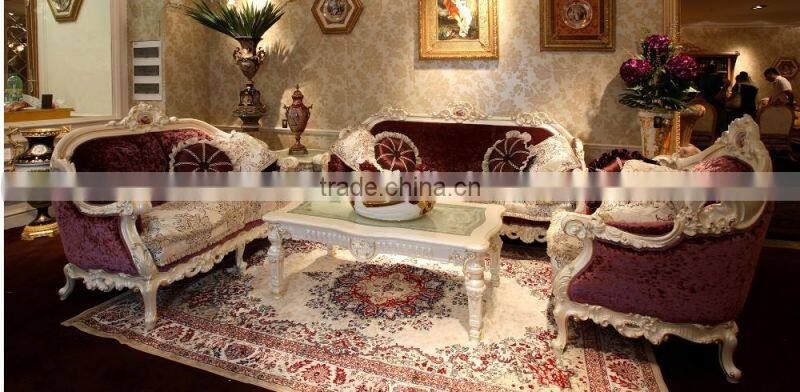 French Graceful Wood Carving Bedroom Set, Luxury Home Bedroom Furniture, Fancy Purple Fabric Upholstering Super King Size Bed