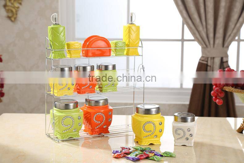 ceramic porcelain canister,ceramic canister set,storage jar, with stainless metal stand