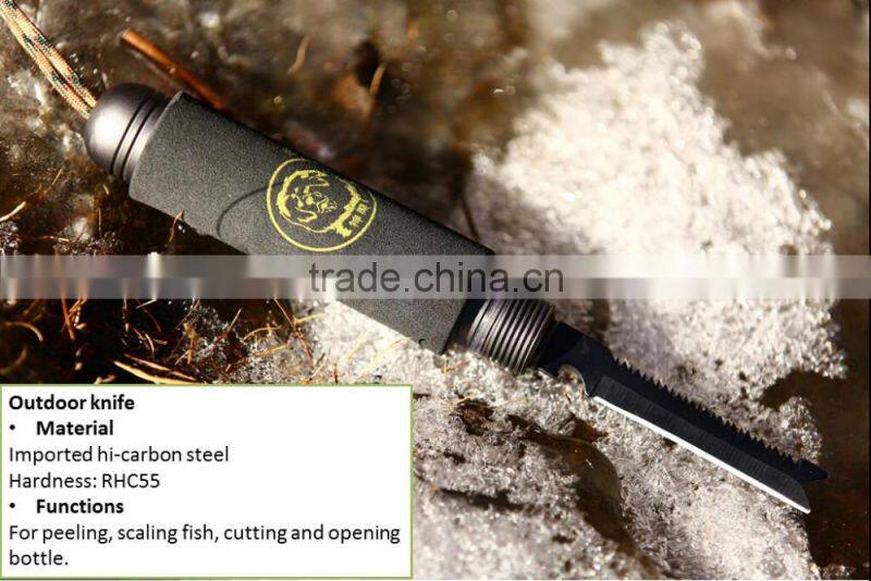 New Function Outdoor Multifunction Fishing Tool Knife Shovel Hammer Fire Flint Flashlight