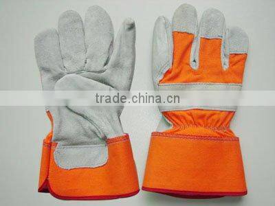 Orange Cotton Back With Grey Cowsplit Leather Palm,Heavy Duty Gloves