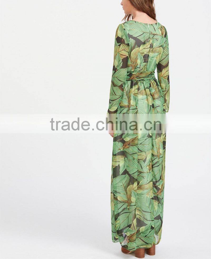 clothing/women dresses/Palm Leaf Print Self Tie Maxi Chiffon Dress