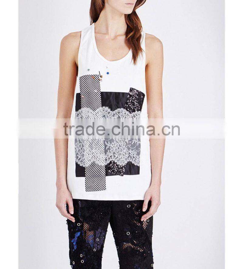Wholesale Women Round Neck Sleeveless Embellished Straight Hem Jersey Tank Top(DQE0166T)