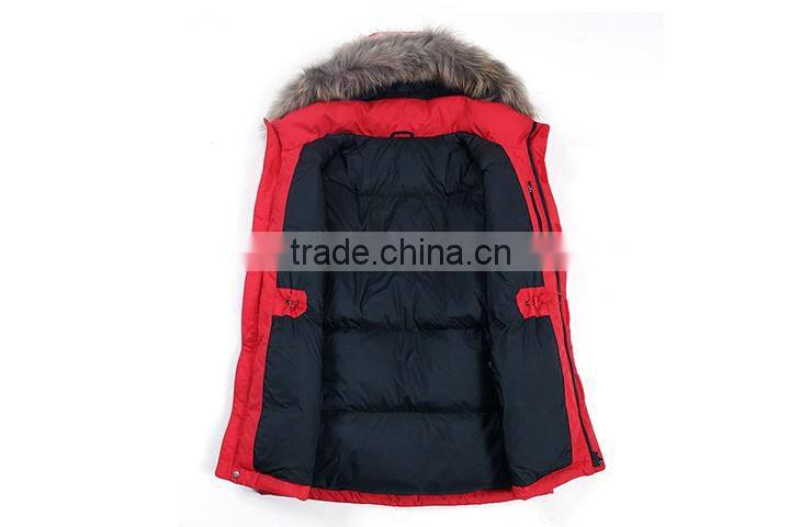 Red outdoor down jacket for winters with fur
