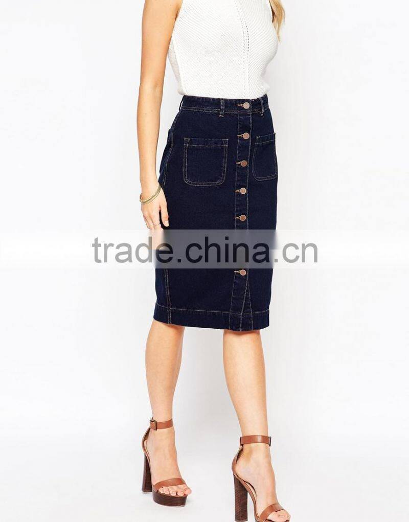 Latest skirt design button through denim skirt lady midi skirt