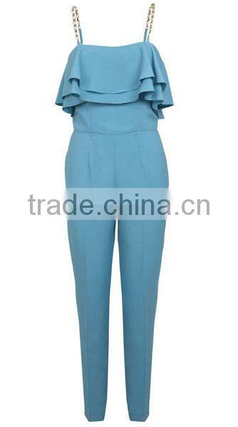 Blue Ruffles Top Style One Piece Women Jumpsuit