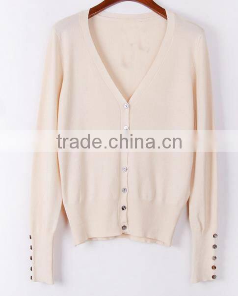2014 hot sell wholesale high quality long sleeve cotton deep v-neck ladies cardigan