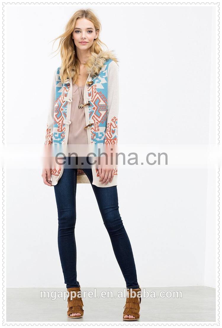 Glamour women clothes geo printed fur trim sweater cardigan with fur trimmed hoodie