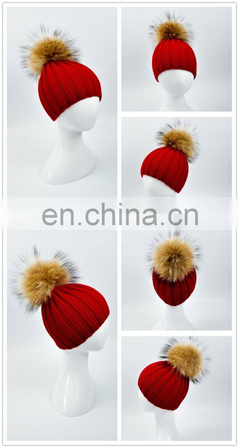 Wholesale New Fashion Hat with Raccoon Fur Ball Hand Knitted Baby Hat