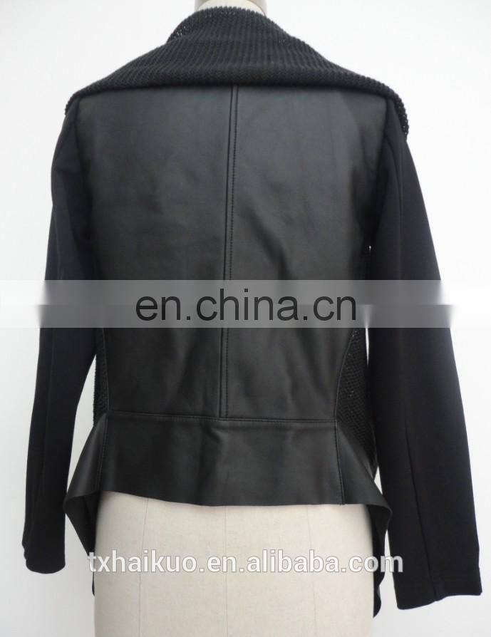 Ladies irregular knitted collar causal leather coat
