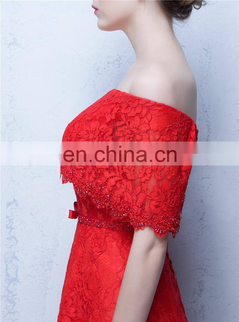 Sweet 17 Dress Off-The-Shoulder Bow Red Elegant Beaded Peplum Side Split Lace-up Backless Lace Evening Dress
