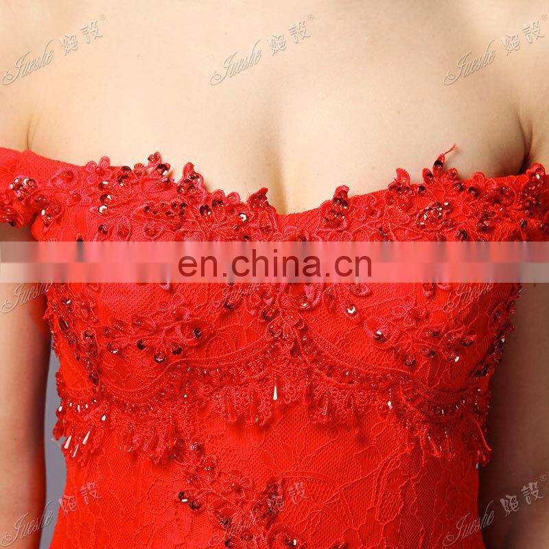 Real Off The Shoulder Lace Appliqued Fishtail Red Sexy Evening Dress Formal