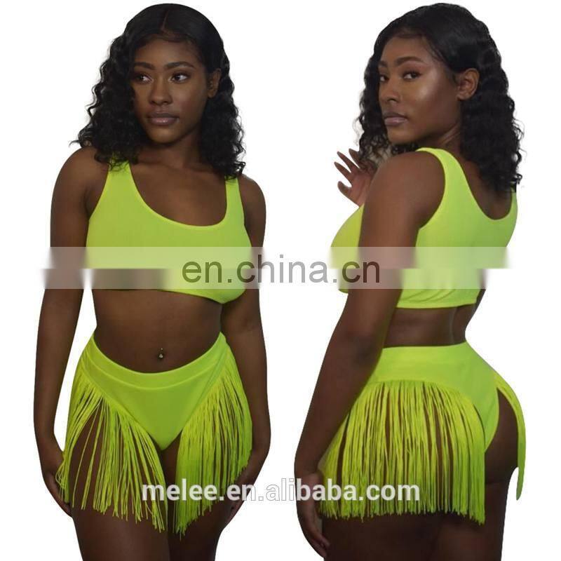 RST new fashion fluorescence green tassel bikini custom logo bikinis 2020 women swimwear beachwear buckle swimwear
