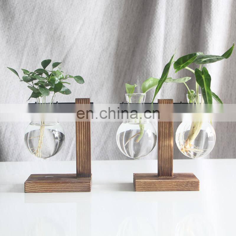 Terrarium Hydroponic Plant Vases Vintage Flower Pot Transparent Vase Wooden Frame Glass Tabletop Plants Home Bonsai Decor