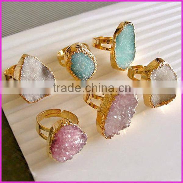 RG1090 Wholesale Double Stone Agate Druzy Ring,Gold plated Two Agate Druzy Geode Ring