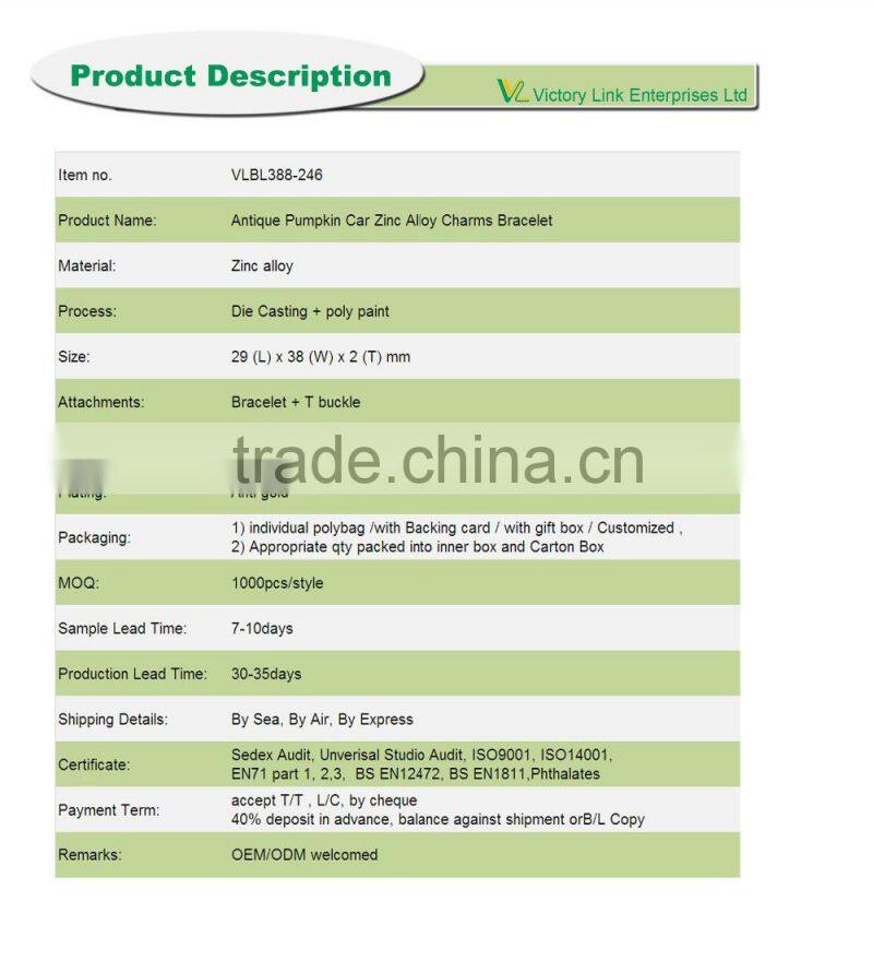 Antique Pumpkin Car Zinc Alloy Charms Metal Bracelets