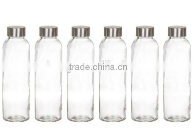 Glass Water Bottles 16 oz, Stainless Steel Cap - Case of 6