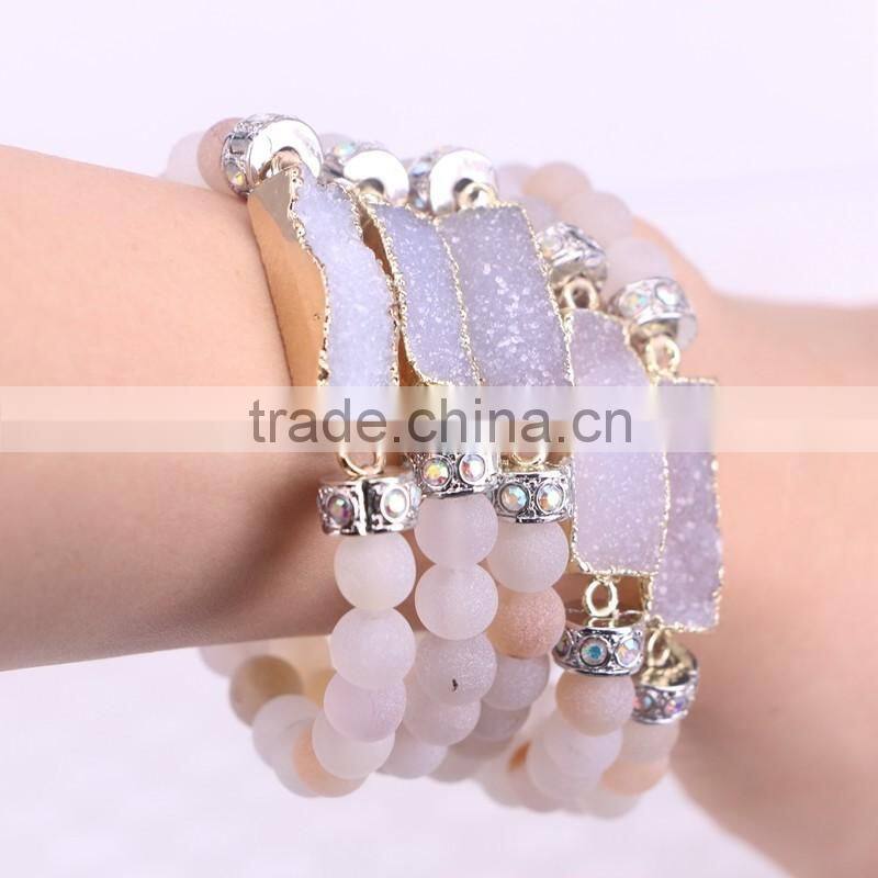 Gold Plated Natural Rectangle Agate Druzy Gemstone Bracelet, with 8mm Frosted Agate Beaded Bracelets Jewelry