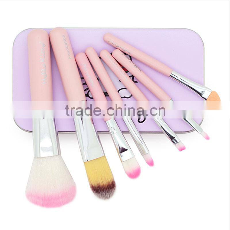 Hot sell professional 7pcs per set hello kitty makeup brushes pink wood handle synthetic hair make up brush set