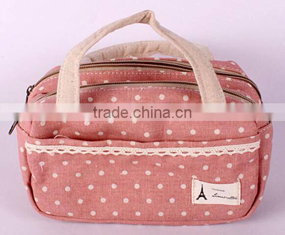 Double Layer Cosmetic Bag Pink with White Dot Travel Toiletry Cosmetic Makeup Bag Organizer!