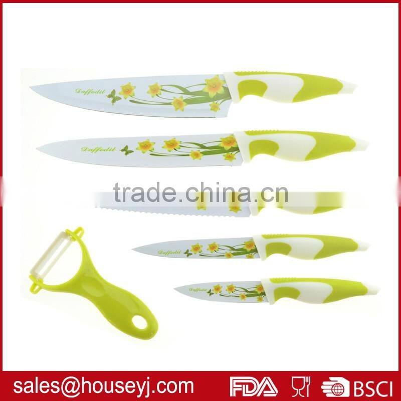 Set of 6pcs knife set 5pcs non stick color kitchen knife+1pc ceramic peeler with EVA box packing