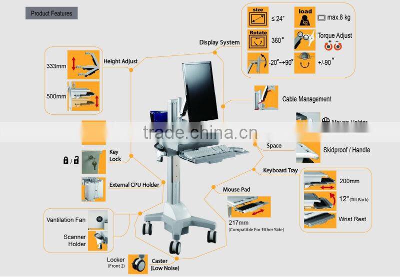 MOBILE Medical Trolley workstation with adjustable monitor mount Mobile Cart