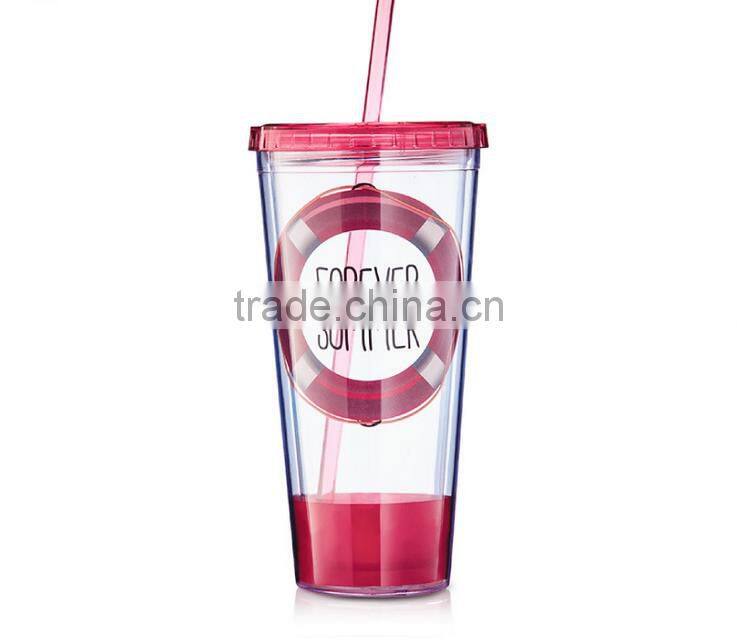 Plastic Cup Double Wall Material Ice Cream Cup With Straw