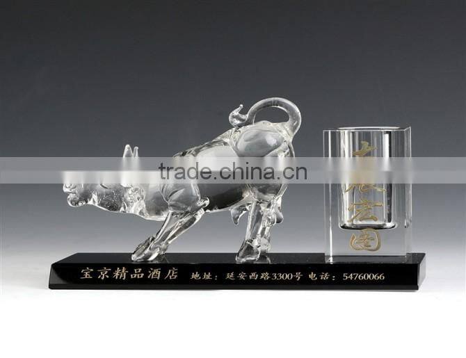 JINGYAGE K9 China New Product Custom Office Table Set Bull Crystal Pen Holder Souvenirs Crystal Pen Hholder for Business Gift