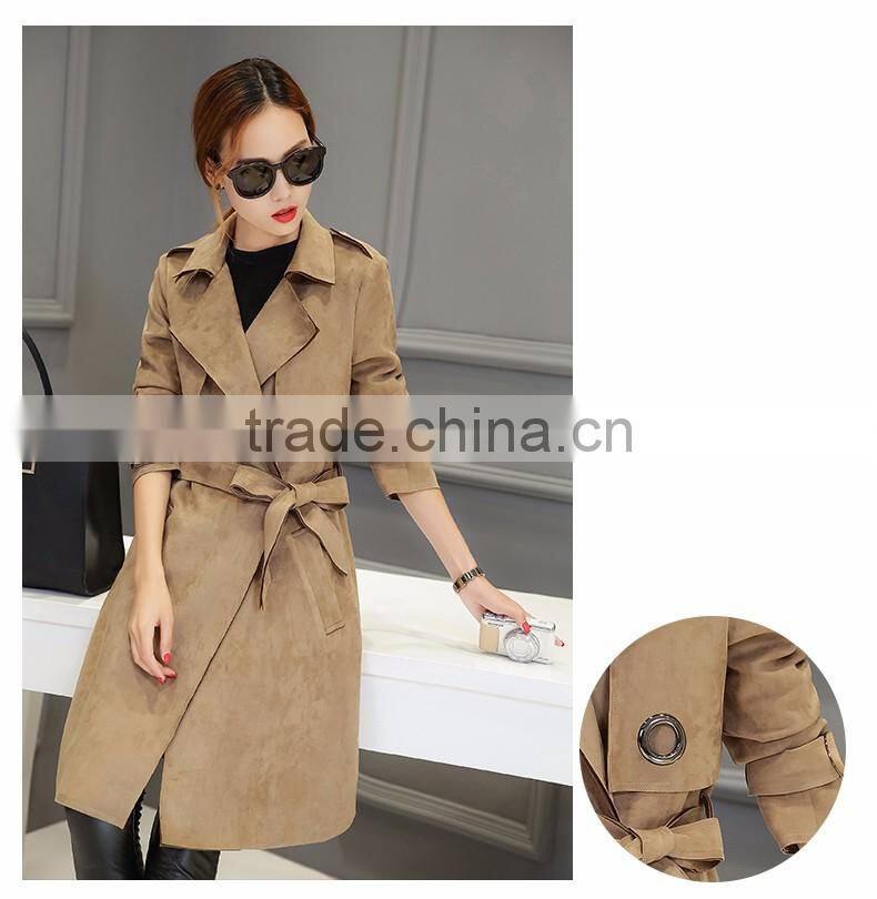 2016 Winter Trench Coat Lapel Long Sleeve Ladies Tie Waist Casual Long Outerwear Coats for wholesale