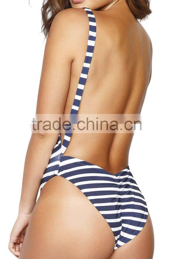 ladies white and blue stripe cut out back one-piece swimwear